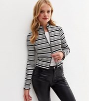New Look Black Stripe Fine Knit Frill Zip Top